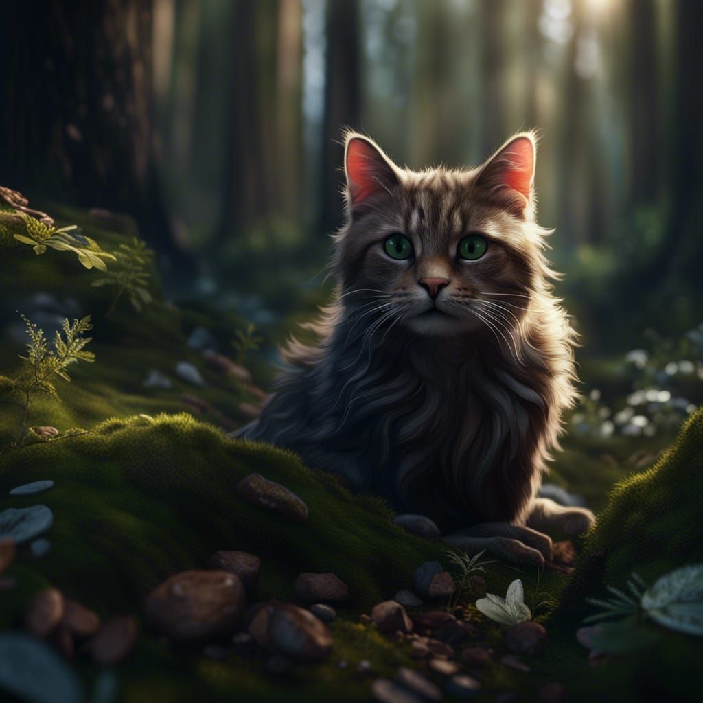 Photorealistic Cat in Nordic Forest, Detailed Painting