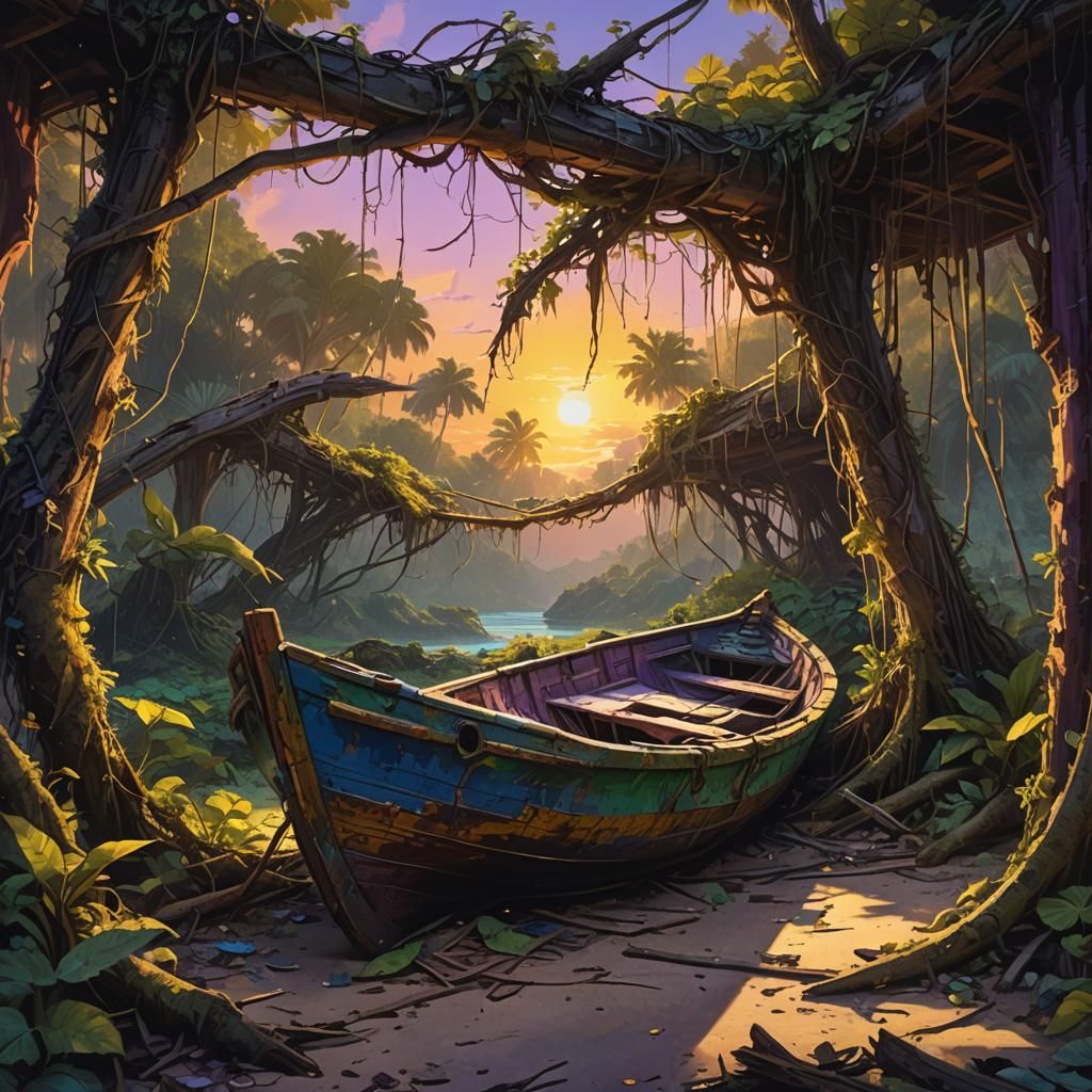 Abandoned Boat at Sunset: Dark Fantasy Oil Painting