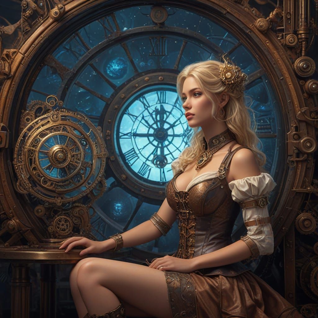 Steampunk Time Machine with Ethereal Woman and Universe