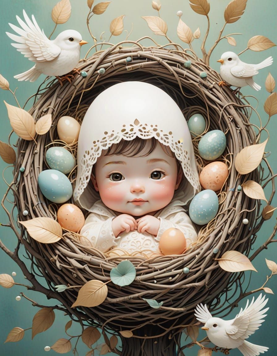 Ethereal Baby Girl in Whimsical Ghibli Bird's Nest