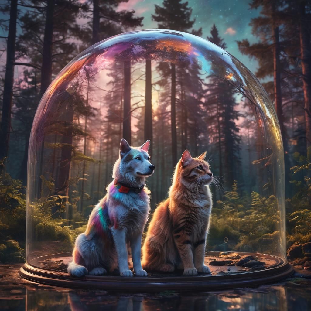 Dog and Cat in Fantasy Forest Landscape