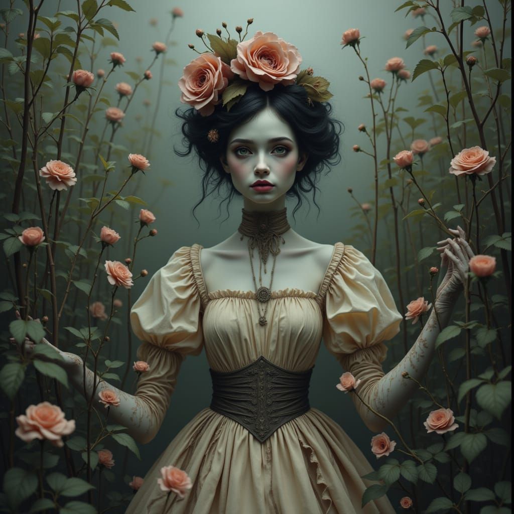 Victorian Woman in Overgrown Garden, Soft Golden Light