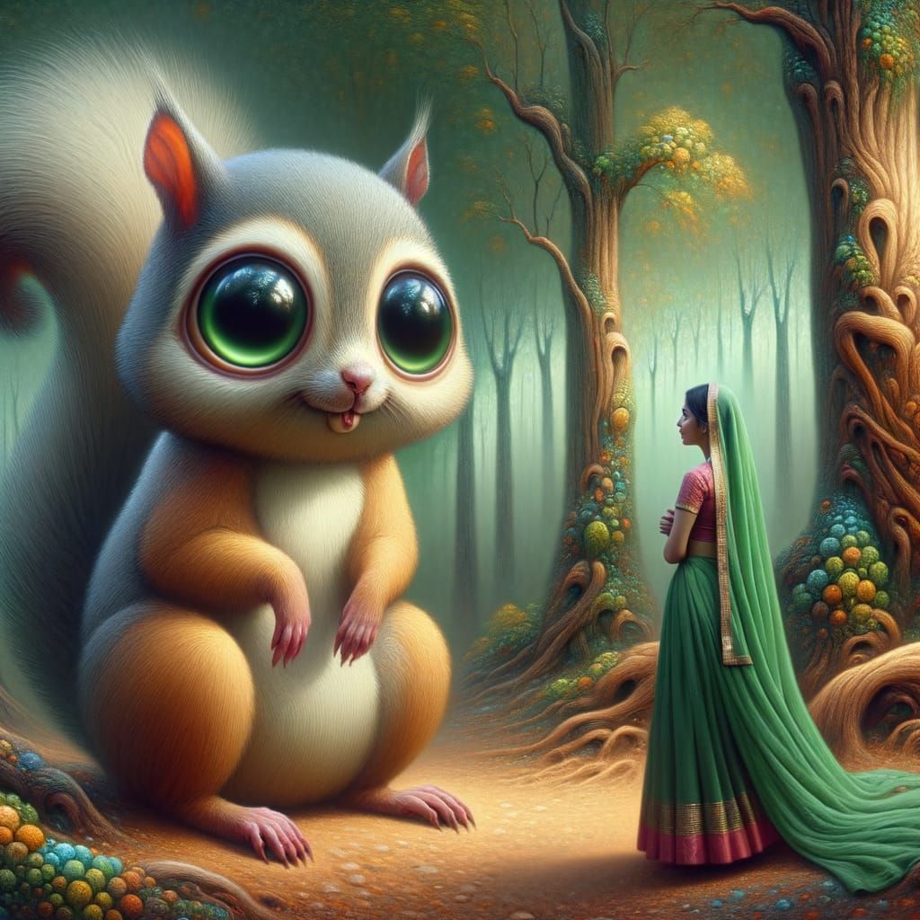 Surreal Squirrel Gazing at Woman in Forest Painting