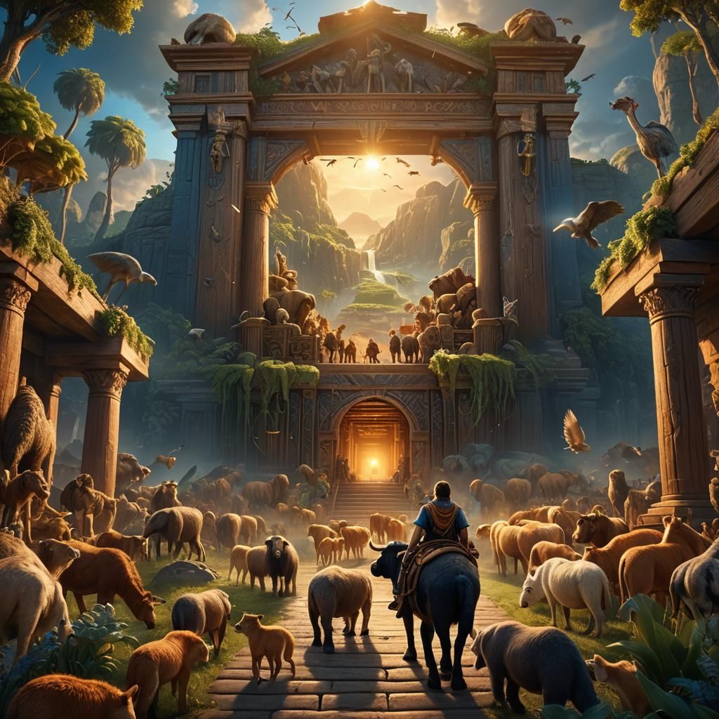 Noah's Ark: Animals Entering in Matte Painting Style