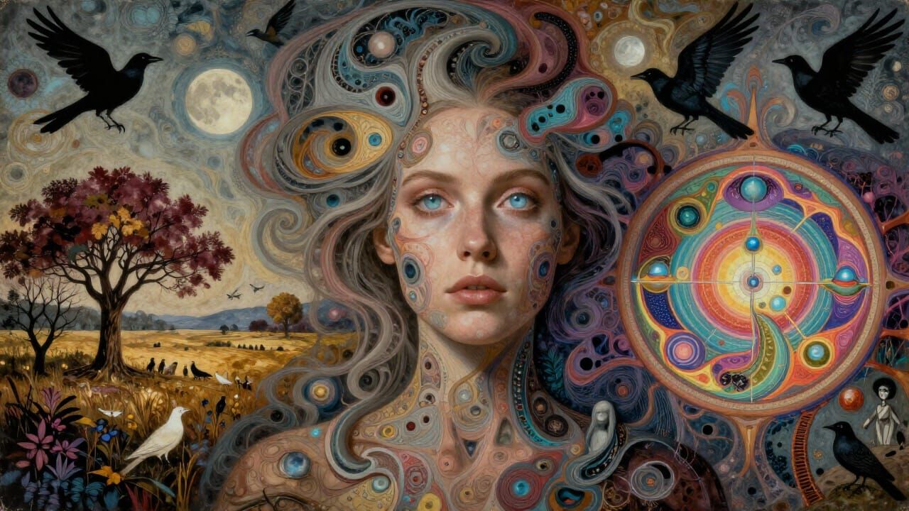 Salvaged Woman with Moonstone Eyes in Surreal Bio-Art Landsc...