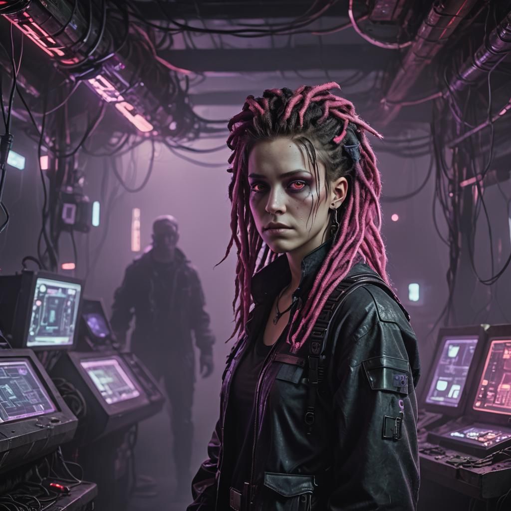 Cyberpunk Hacker in Underground Swamp Mortuary