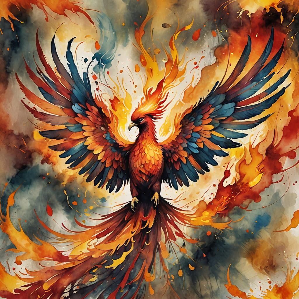 Fiery Phoenix Rising: Surreal Watercolor with Double Exposur...