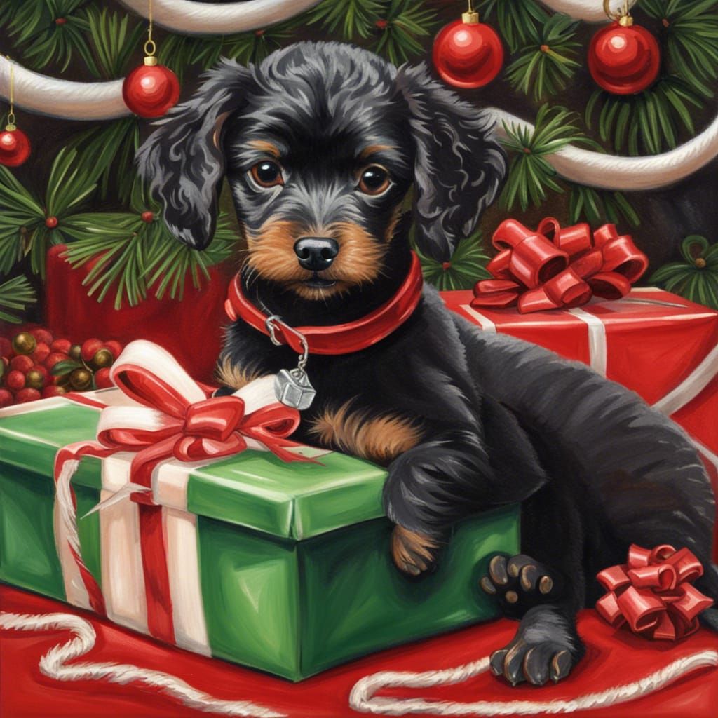 Festive Puppy Unwrapping Christmas Gift