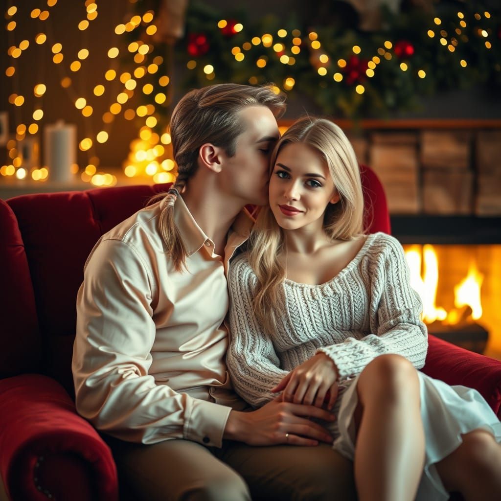 Cozy Christmas Couple in Plush Burgundy Armchair