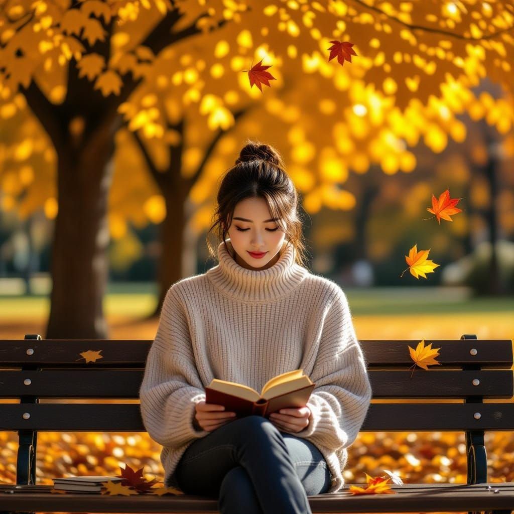 Autumn Serenity: East Asian Person Twirling Leaf on Bench