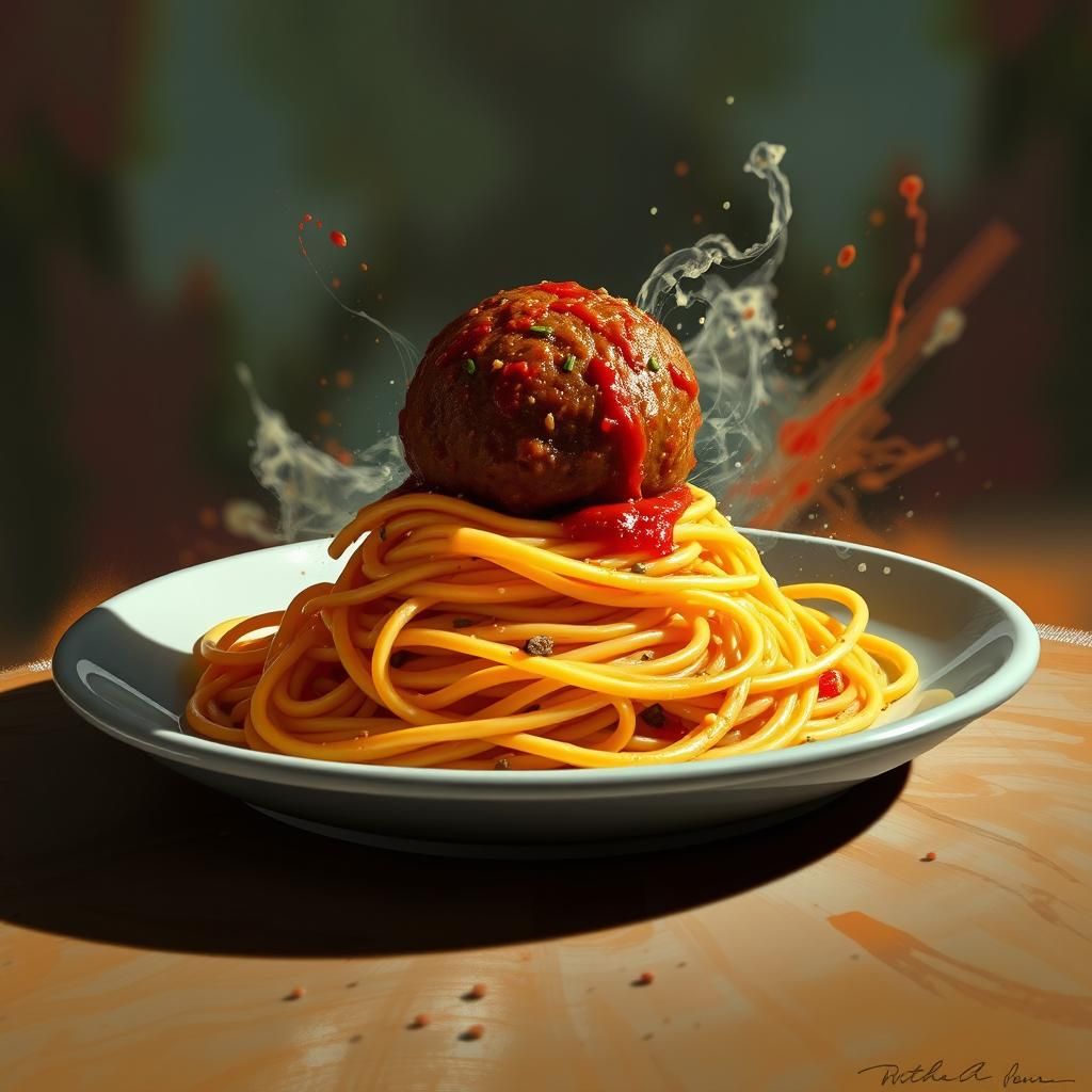 Hyperrealistic Spaghetti with Meatball Splash Art