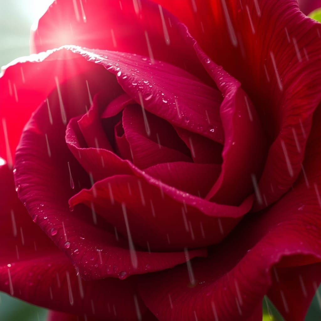 Scarlet Rose with Raindrops, Detailed Digital Art