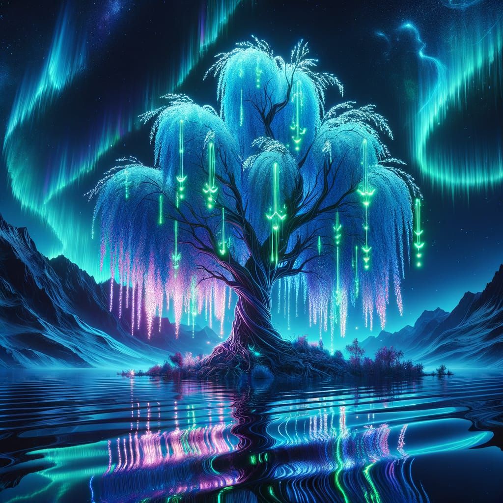 Cyberpunk Willow Tree Under Northern Lights