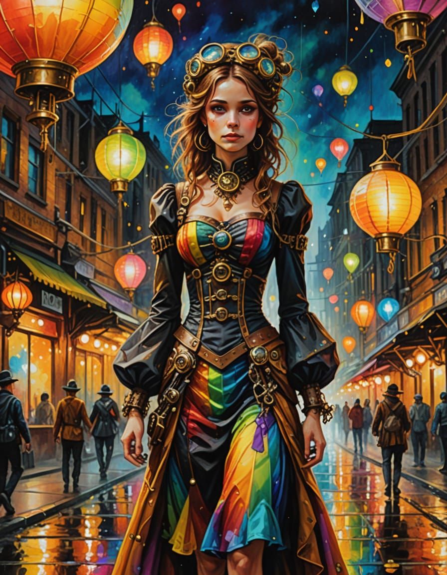 Steampunk Alien in City at Night: Oil Painting