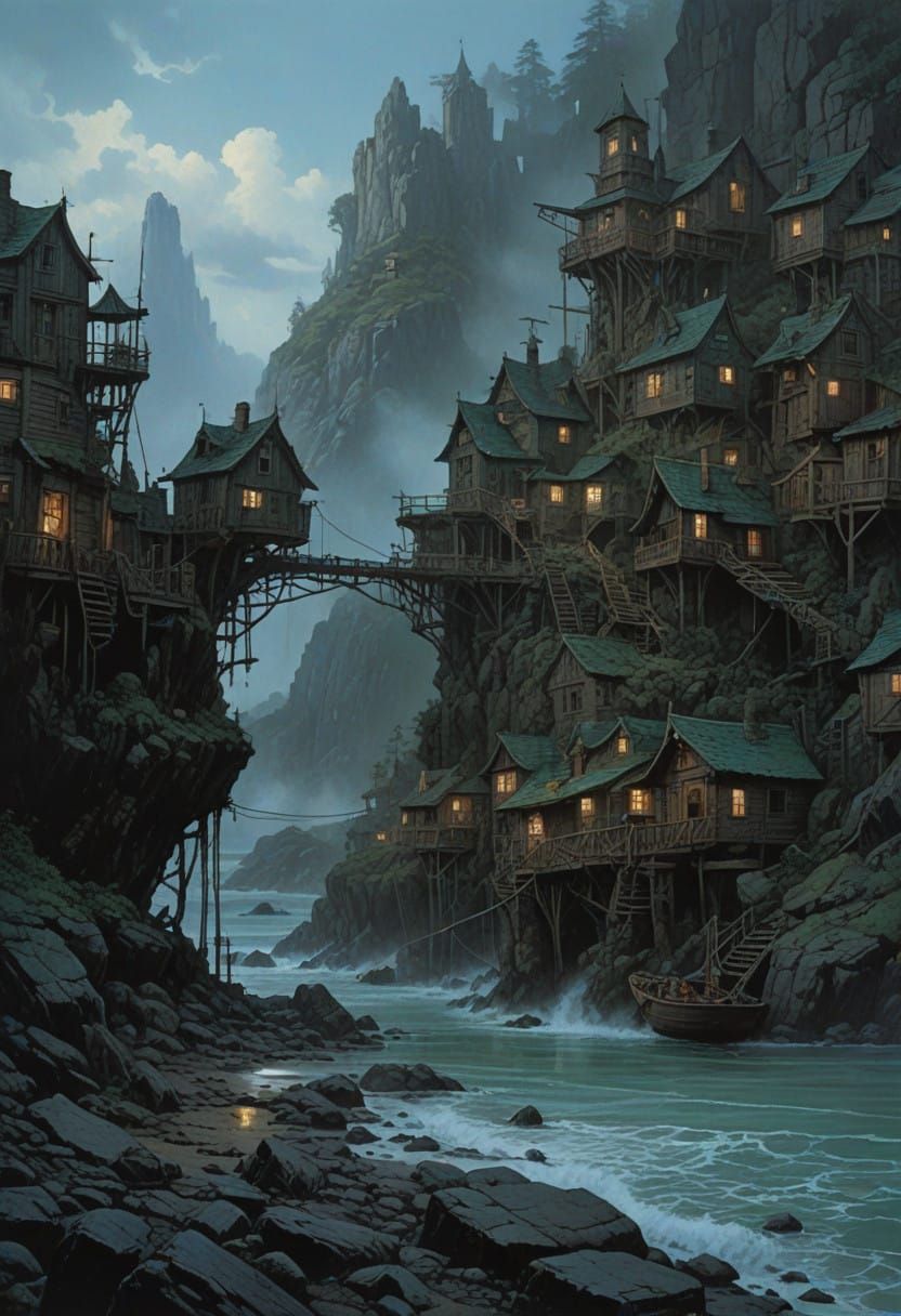 Misty Cove Townscape in the Style of Boris Vallejo & Julie B...