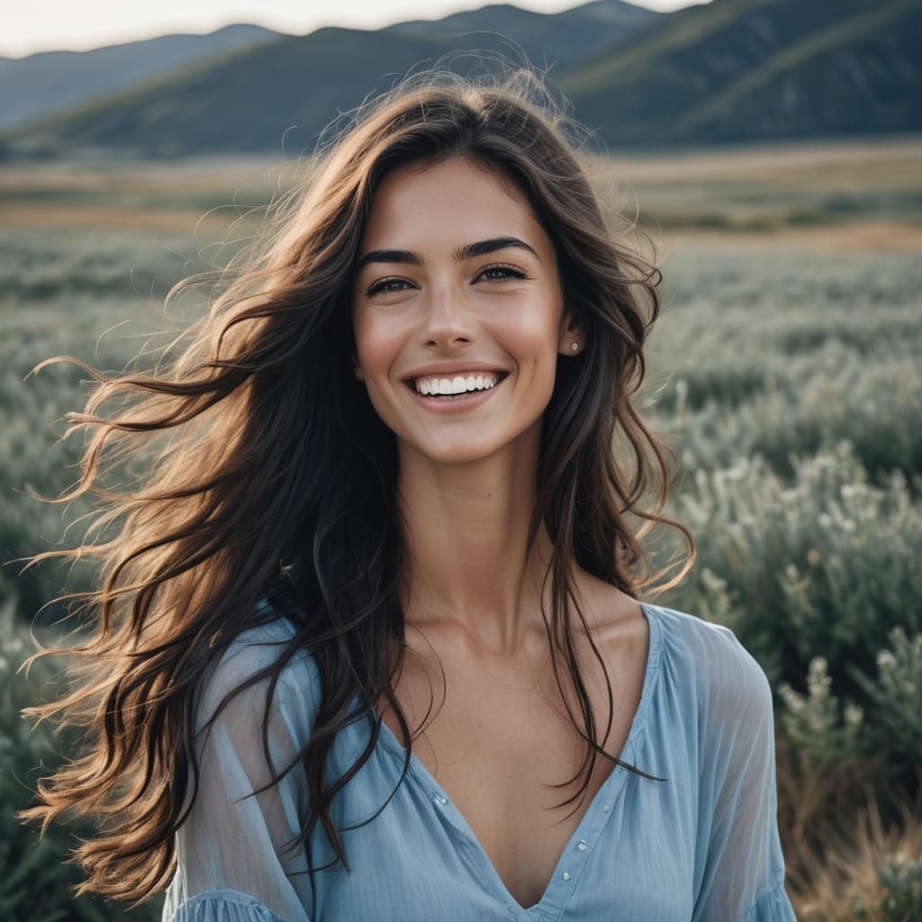 Sensual Brunette with Flowing Hair and Blue Eyes