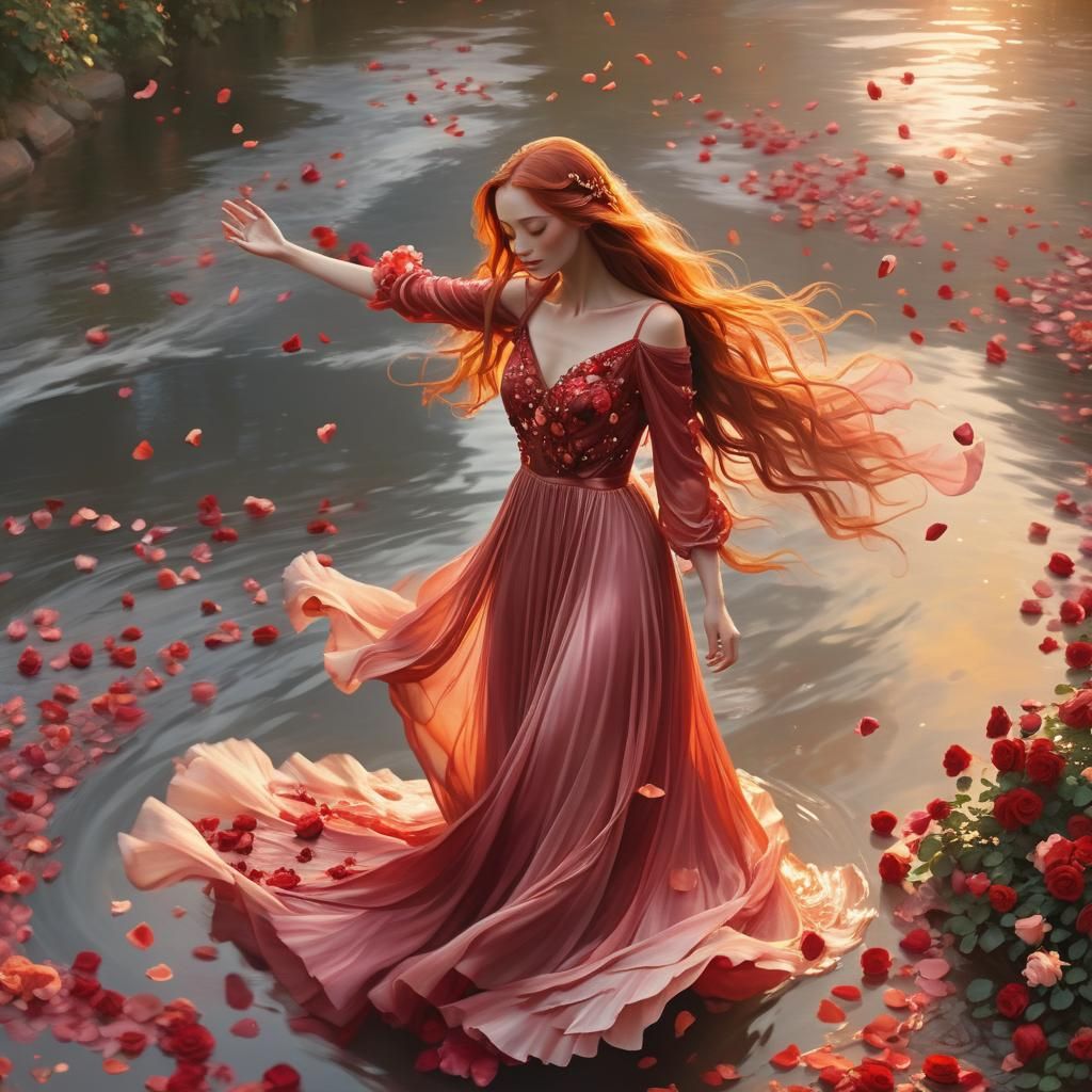 A woman in a long, flowing red dress. The dress is made up of multiple layers red rose petals are scattered