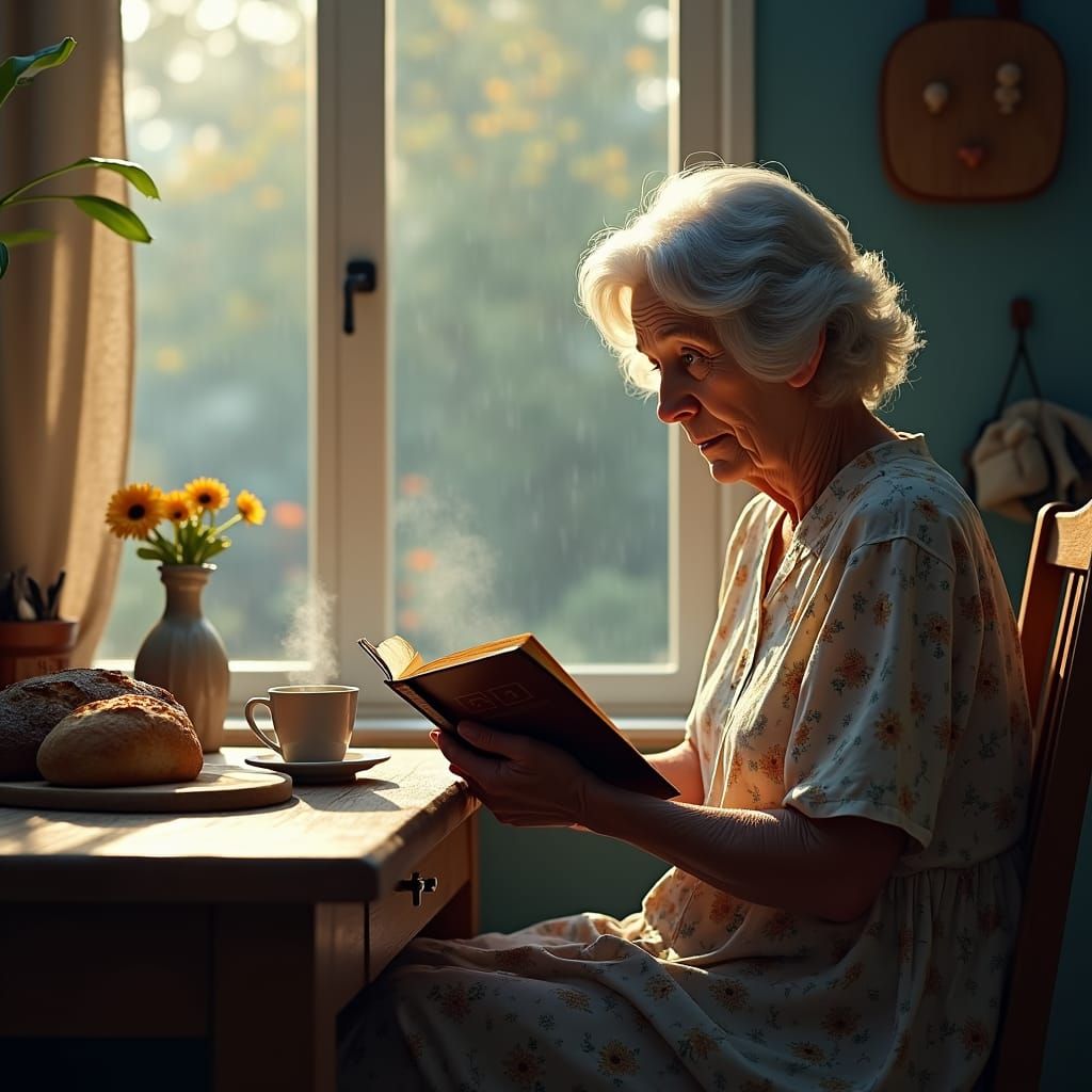 Cozy Kitchen Bible Reading in Hyperrealistic Style