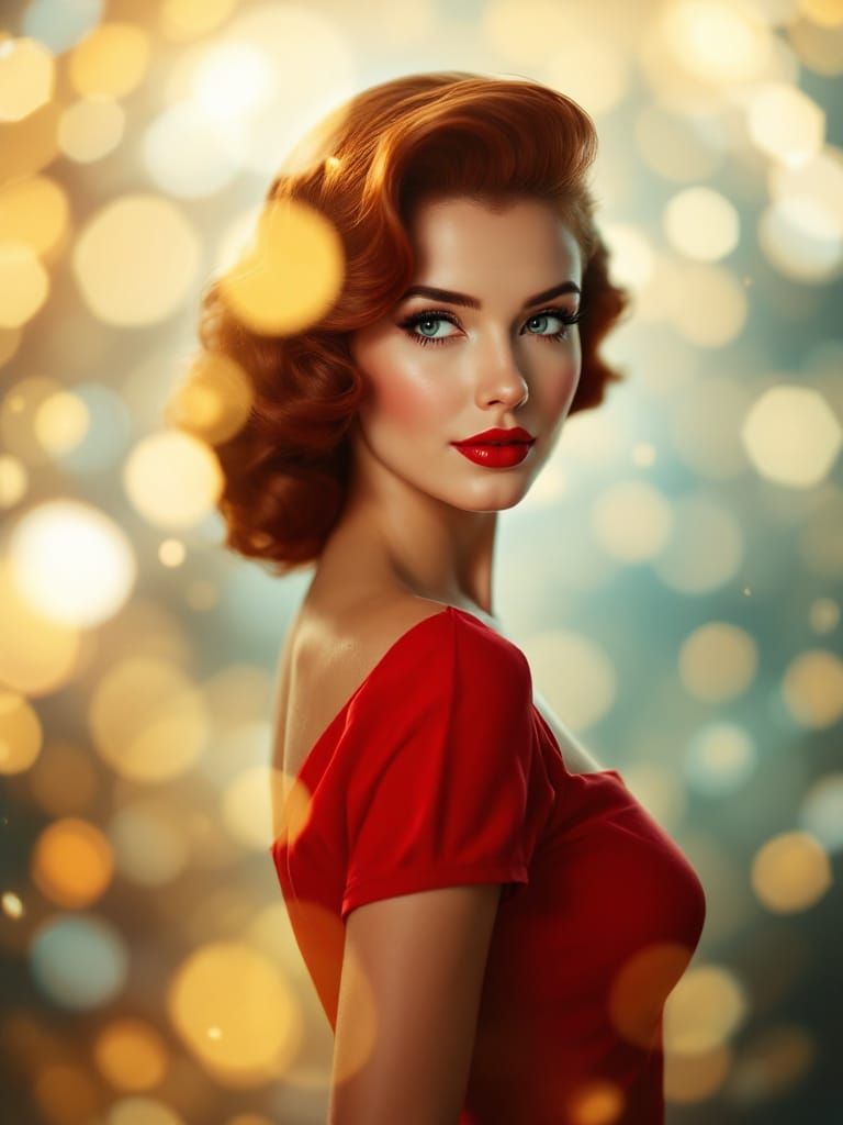 1950s Pin-Up Woman with Red Dress and Bokeh Background