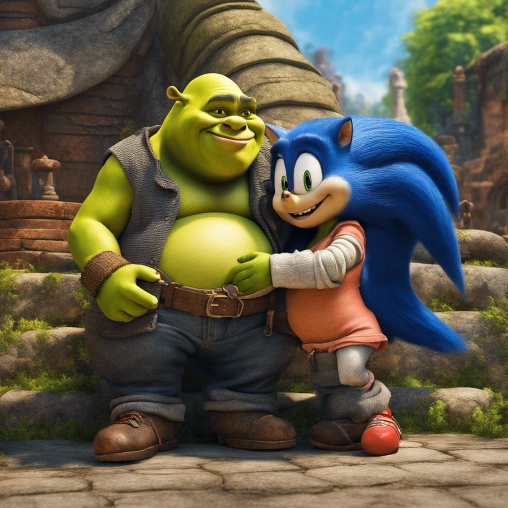 Shrek Hugs Sonic: Hyperrealistic Digital Art