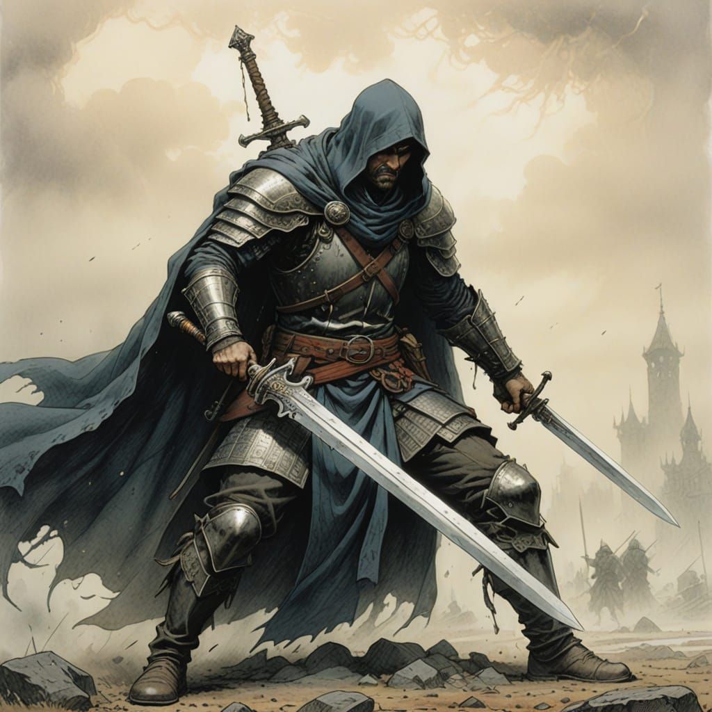 Cloaked Warrior in Foggy Battlefield, Fantasy Illustration