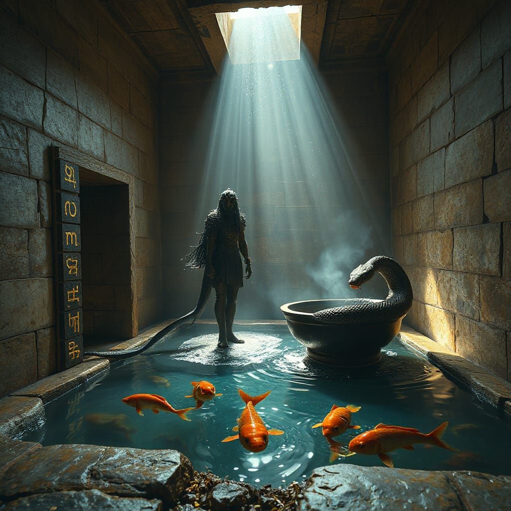 Ancient Sumerian God Enki by Obsidian Spring in Ziggurat