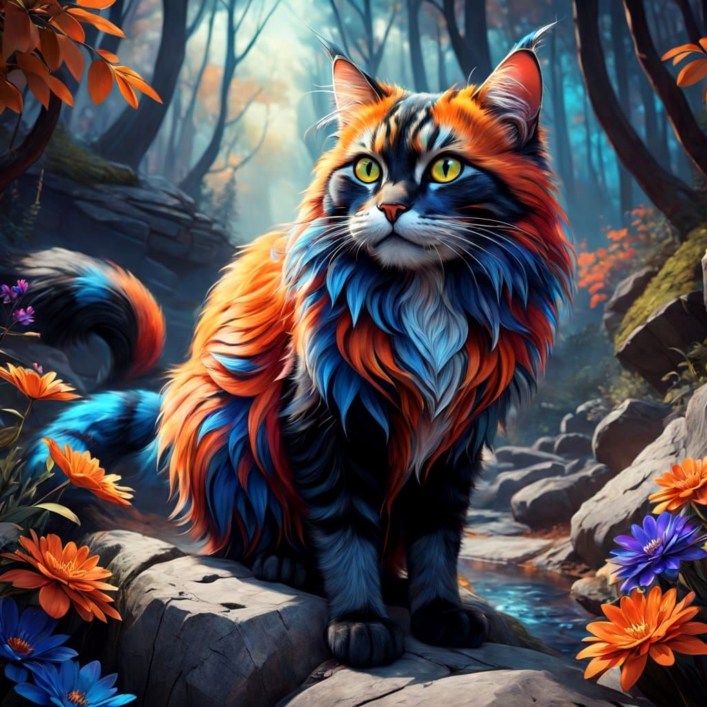 Elegant Whimsical Cat in Vibrant Woodland