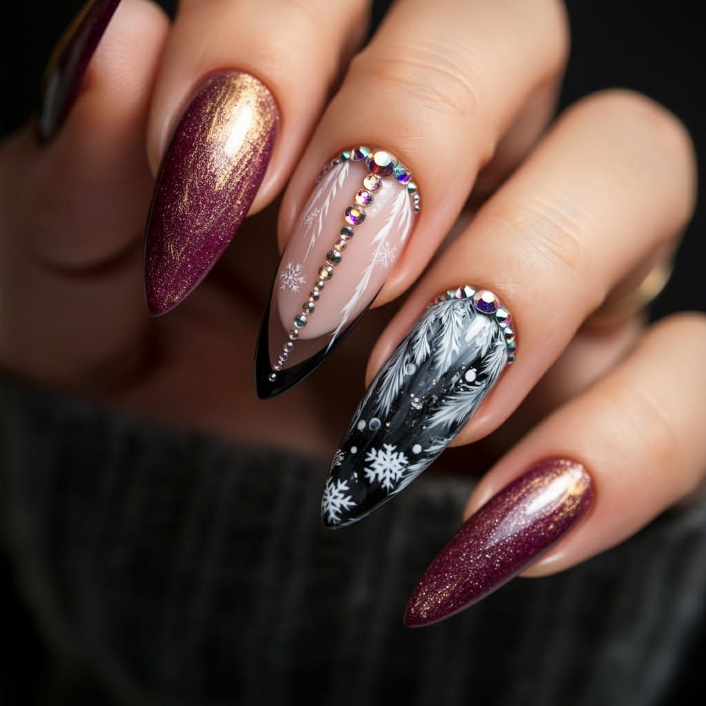 Stunning Winter Nail Art with Snowflakes and Gemstones