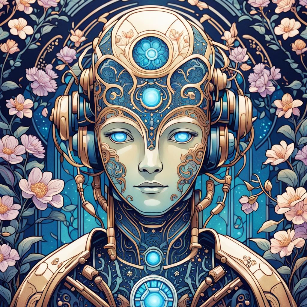 Art Nouveau Robot Portrait with Floral Accents