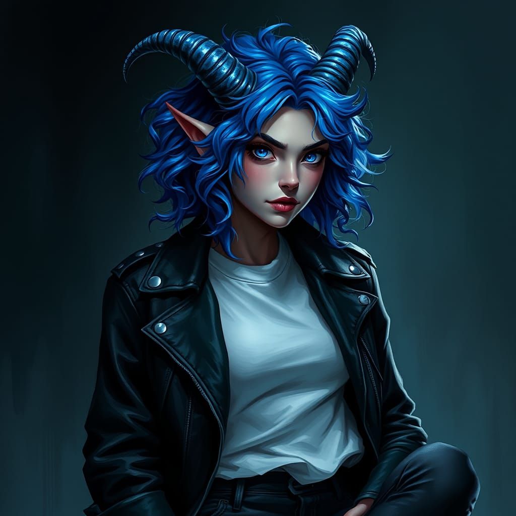 Tiefling Woman with Blue Hair, Gothic Romanticism Art