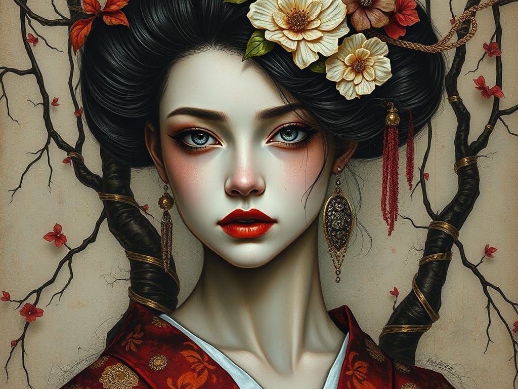 Mixed Media Geisha Faun in Eldritch Forest