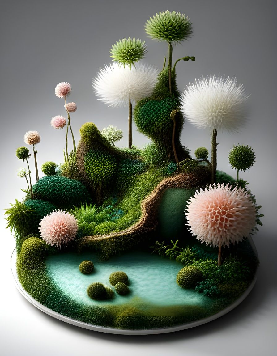 Abstract Diorama Sculpture of Green and White Objects