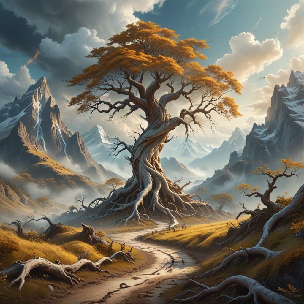Ethereal Landscape: Path Around Massive Tree