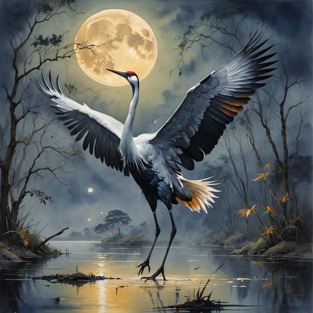 Glowing Crane in Watercolour Style, Captured in High Resolut...