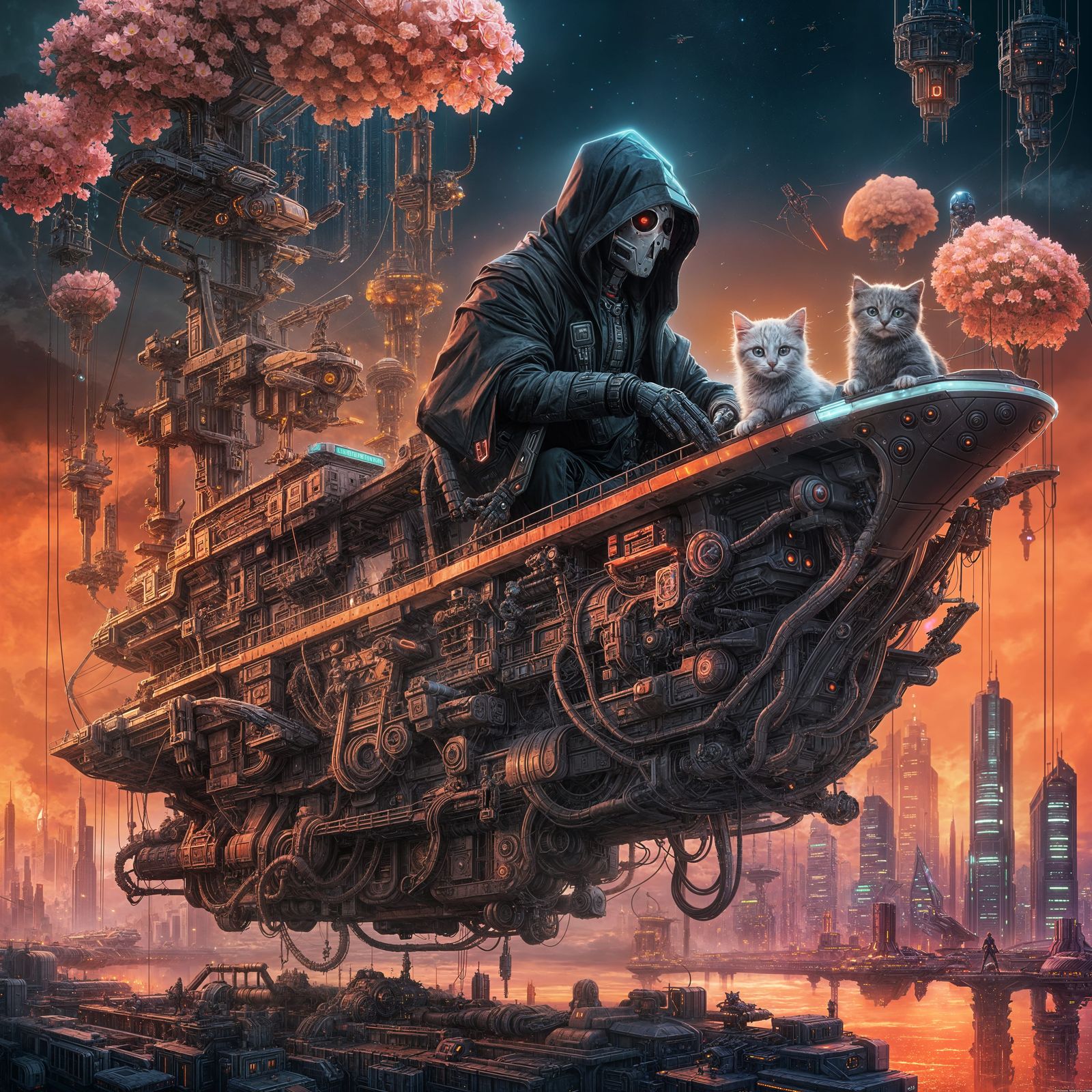 Cyborg Grim Reaper with Kitten in Cyberpunk City