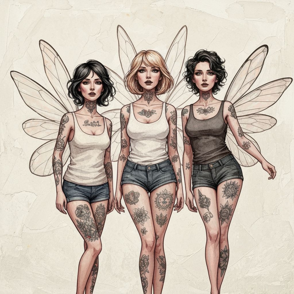 Three Tattooed Fairies in Gouache Masterpiece