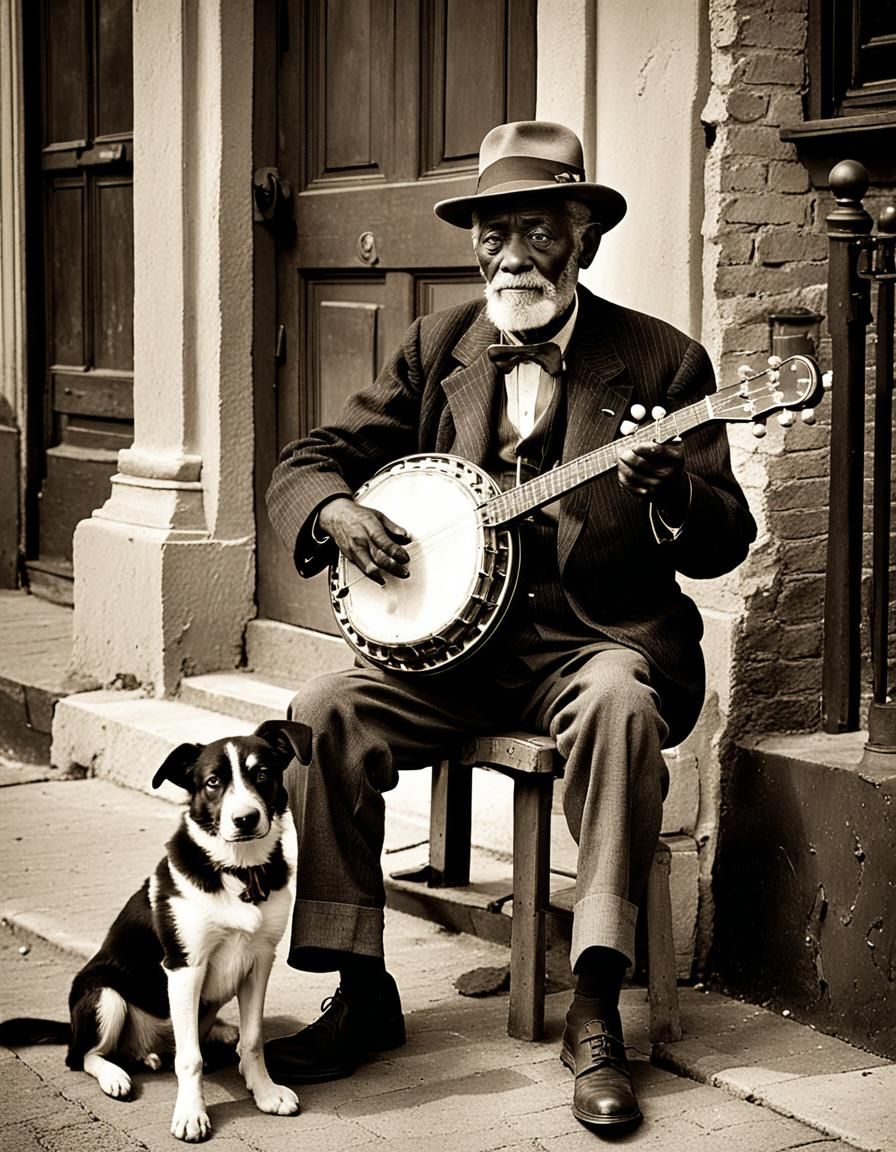 Charleston Busker and Dog, Vintage Sepia Portrait