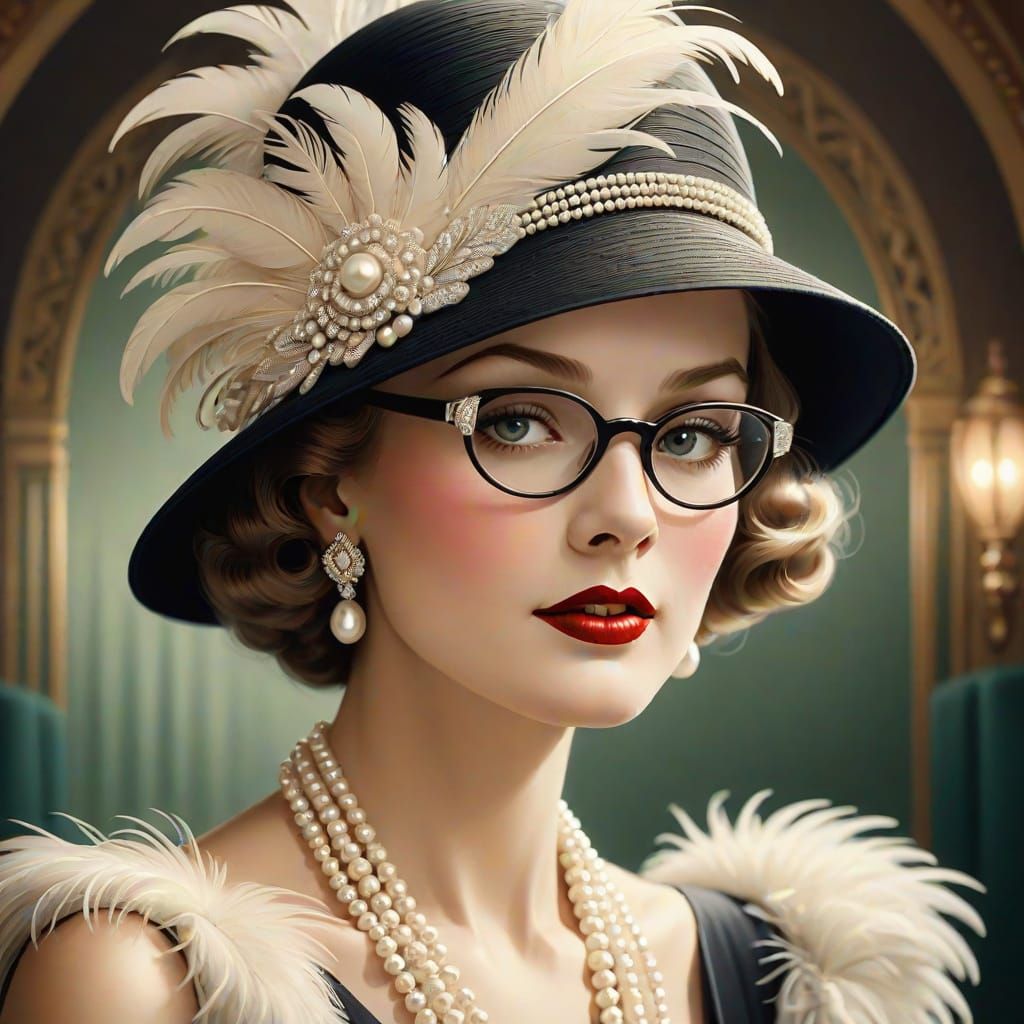 1930s Glamour: Woman in Ornate Cocktail Hat and Spectacles