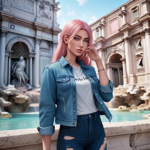 Beautiful pink-haired woman outside the Trevi Fountain in Ro...