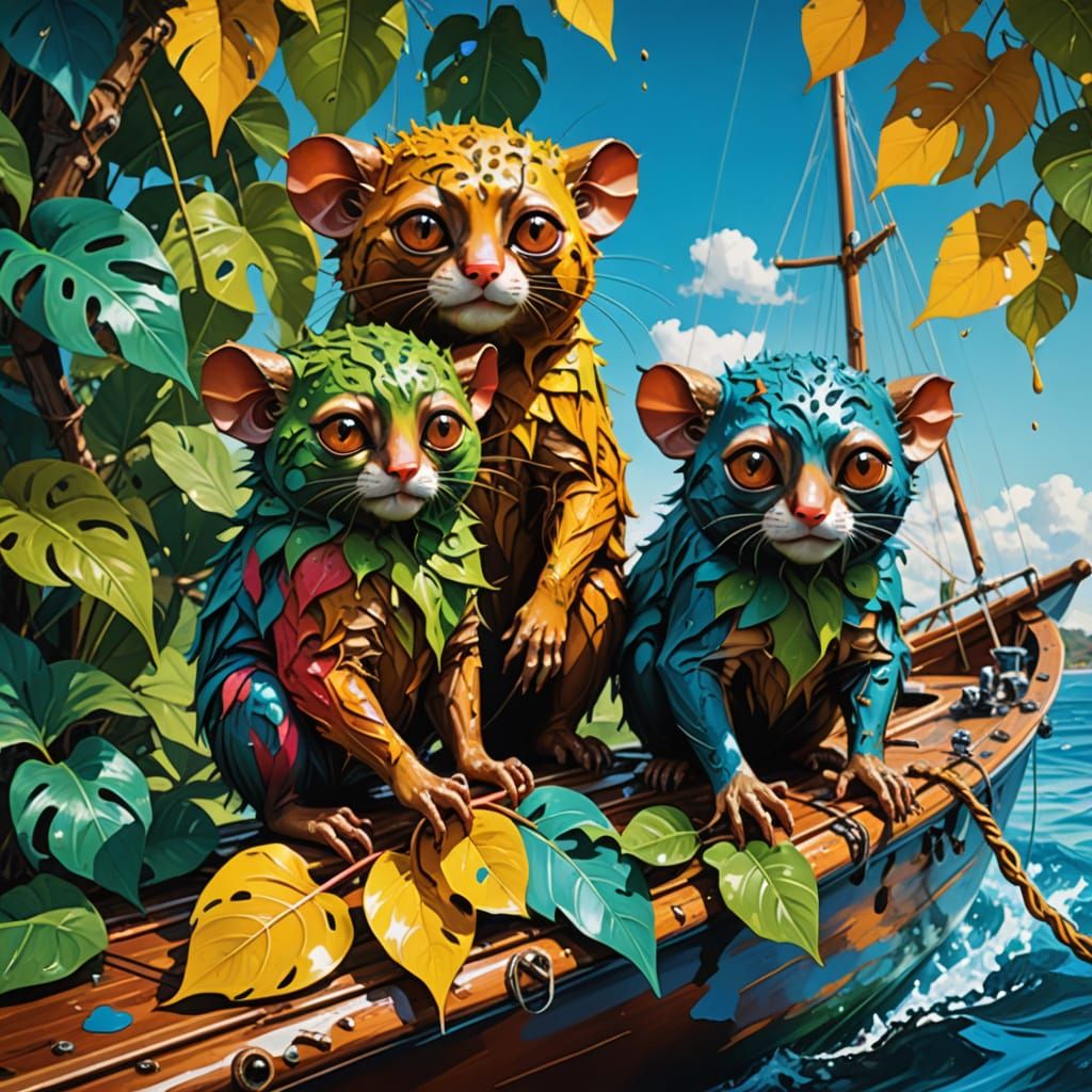 Surreal Tarsiers Sail on a Leafy Yacht in a Melting Salvador...