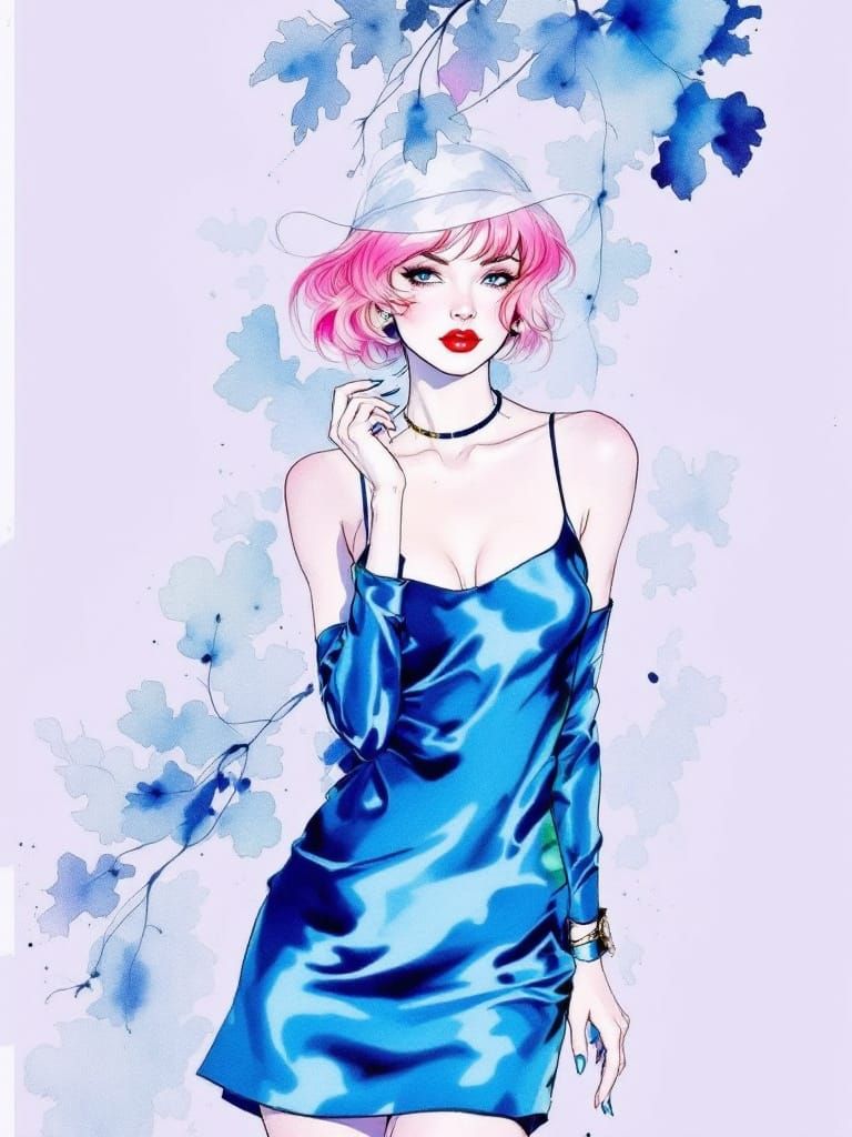 Pin-Up Woman with Pink-Tipped Hair in Metallic Dress