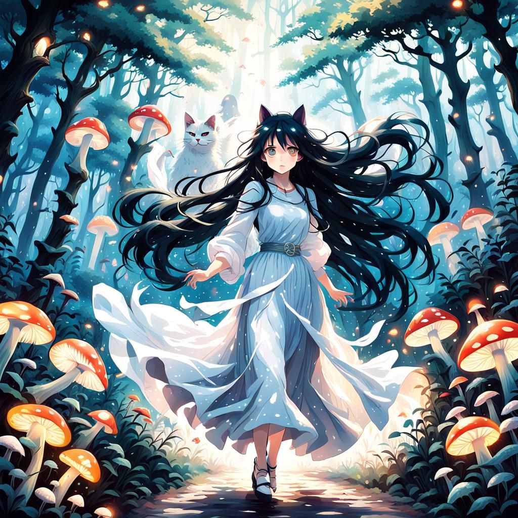 Anime Girl Runs Down Mystical Forest Path in Vibrant Oil Pai...