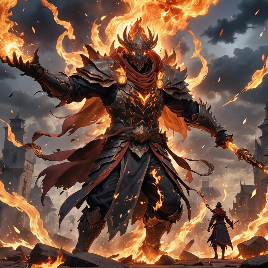 Lighting Sorcerer Battles Fire Elemental in 3D Anime Art