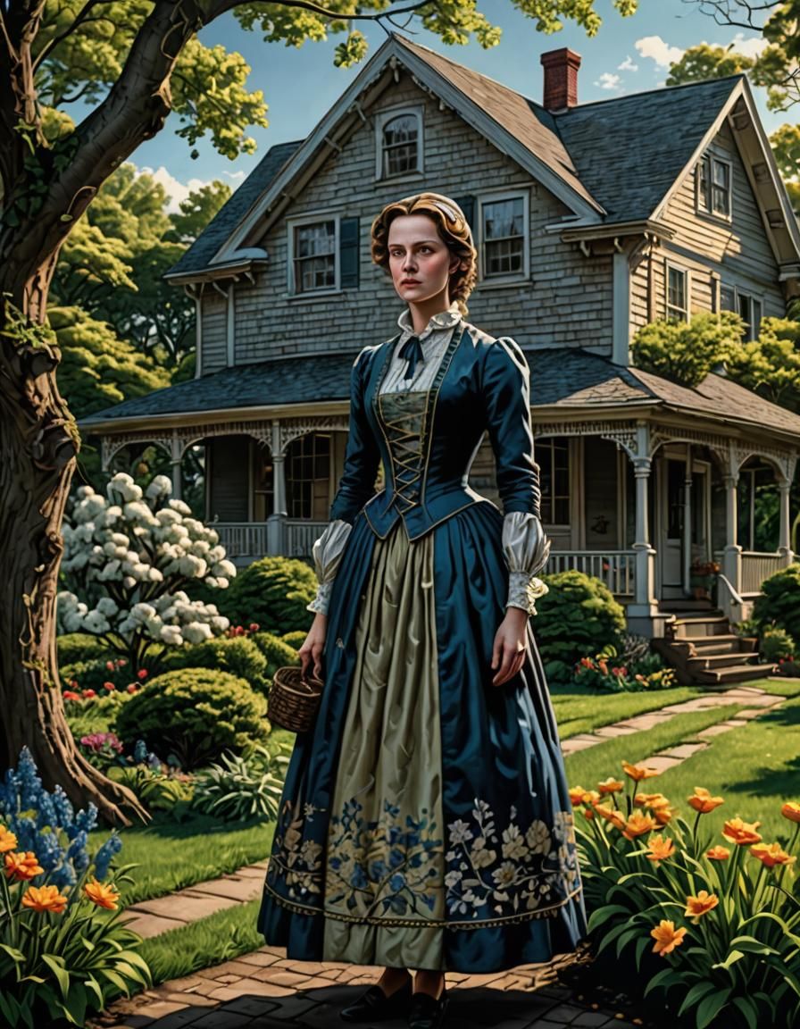 Colonial Woman in New England Garden, Hyperrealistic Art