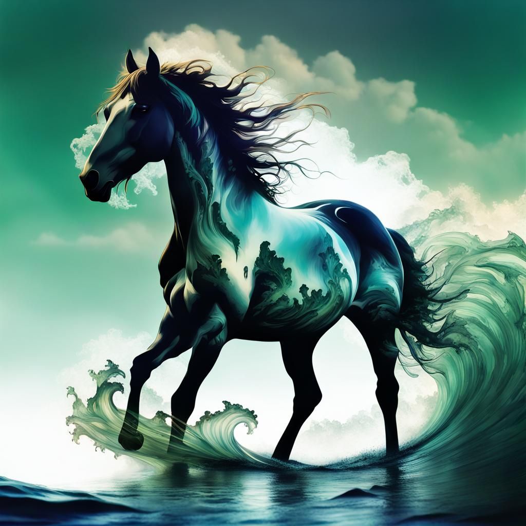 Fantasy Double Exposure: Horse and Wave Illustration