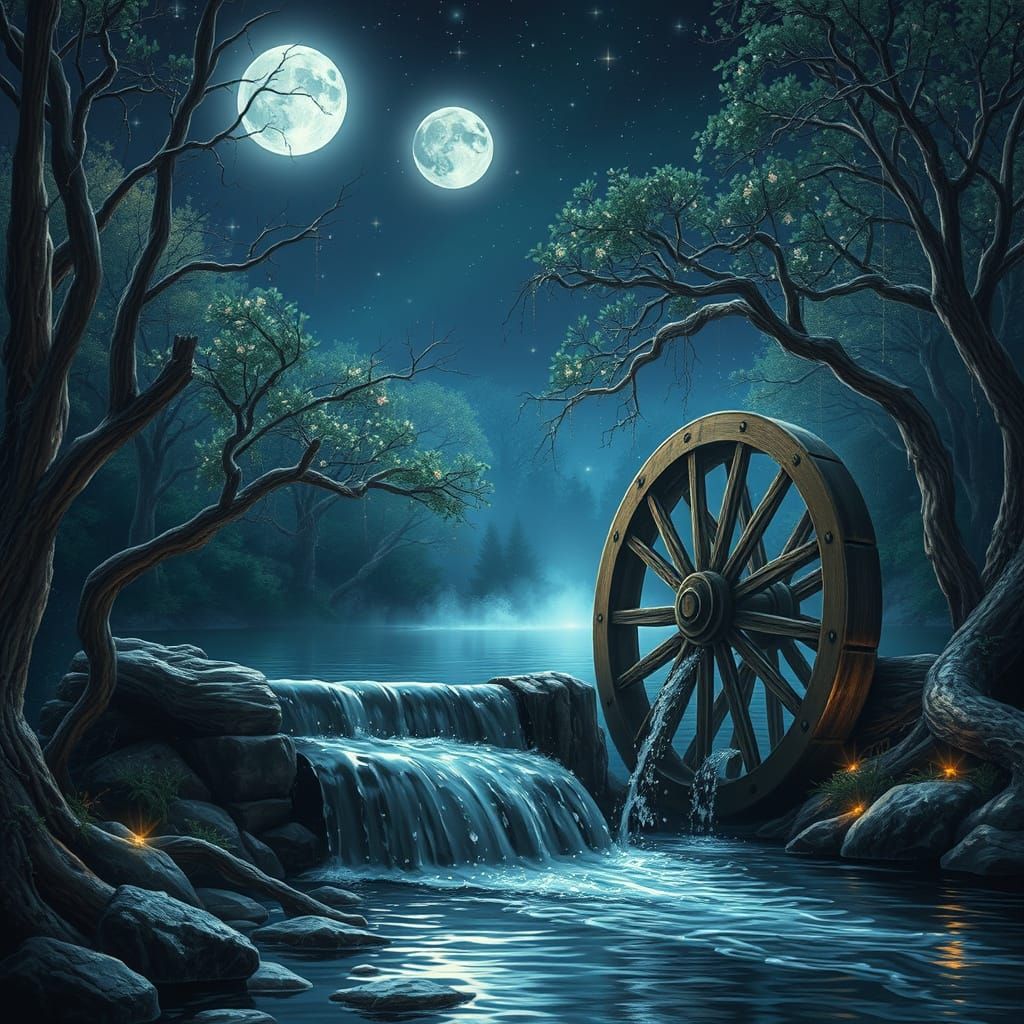 Enchanted Waterwheel Under Starry Night Sky