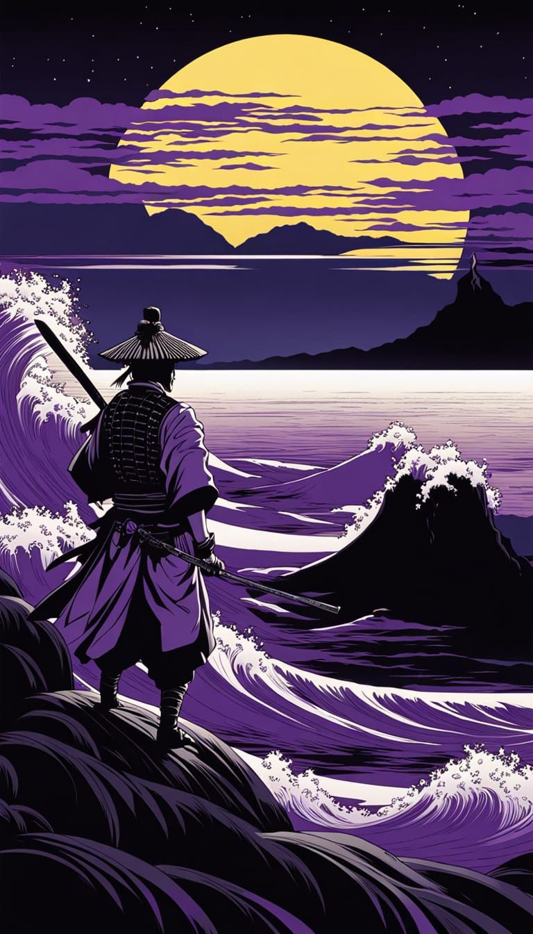 Samurai Silhouette Against Moonlit Ocean in Ukiyoe Style