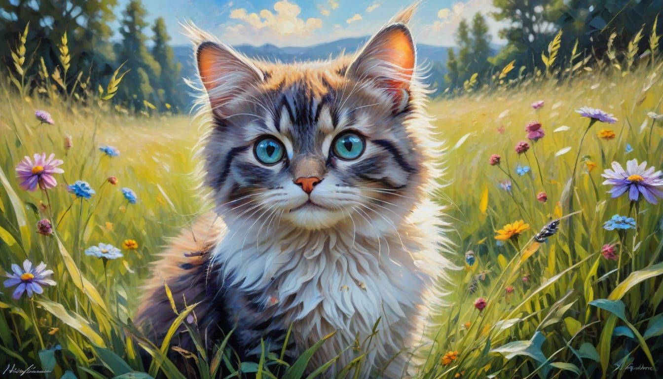 Vibrant Kitten in Sunny Meadow