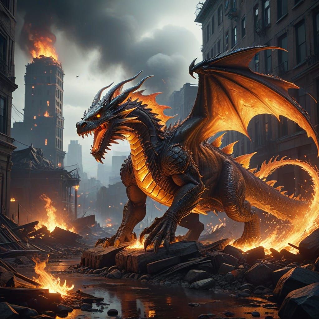 Majestic Fire Dragon Emerges from Blazing Inferno in Cyberpu...
