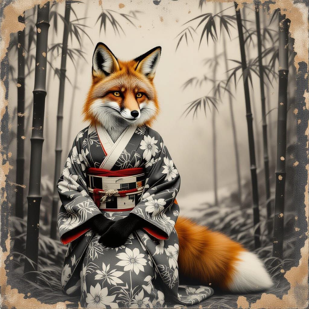 Monochrome Fox in Kimono: Vintage Photography Style